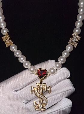 嘻哈风STK同款潮男金琉璃项链珍珠爱心满钻联名潮流男女项链
