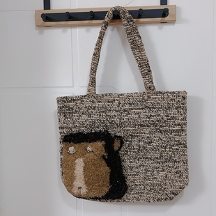 进口拉菲草编织刺绣食铁兽托特包可爱熊猫休闲单肩手提小方包