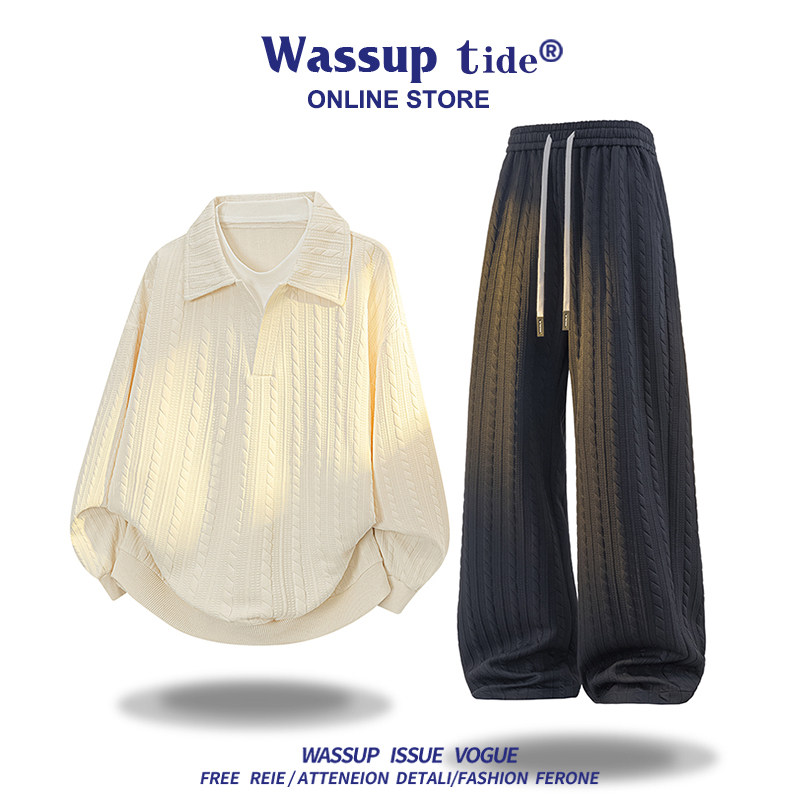 WASSUP TIDE男士休闲套装潮牌宽松直筒阔腿裤时尚百搭运动两件套