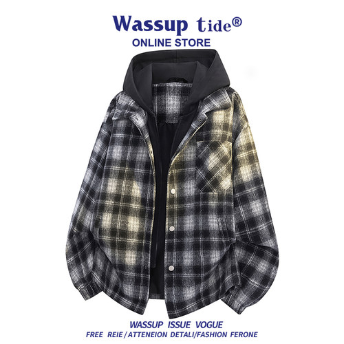 WASSUP TIDE新款男士夹克格子上衣连帽假两件帅气美式潮时尚休闲