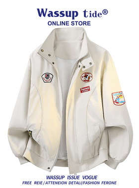 WASSUP TIDE立领春秋季宽松美式复古贴标棒球服 潮酷百搭显瘦显高