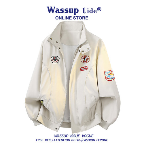 WASSUP TIDE立领春秋季宽松美式复古贴标棒球服 潮酷百搭显瘦显高