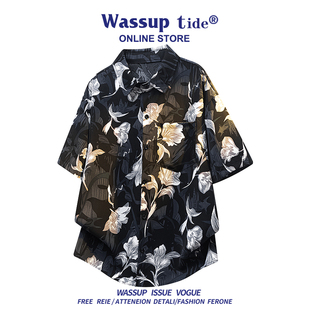 WASSUP TIDE水墨印花短袖衬衫男女款春夏季潮牌宽松百搭半袖衬衣