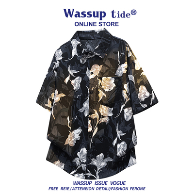 WASSUP TIDE水墨印花短袖衬衫男女款春夏季潮牌宽松百搭半袖衬衣
