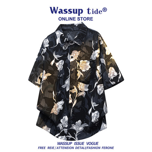 WASSUP TIDE水墨印花短袖衬衫男女款春夏季潮牌宽松百搭半袖衬衣