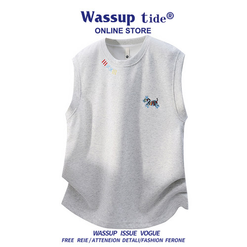 WASSUP TIDE新款简约休闲美式宽松华棉背心港风潮牌时尚T恤百搭男