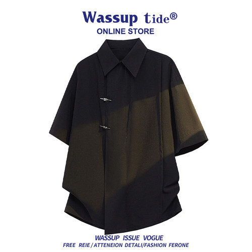 WASSUP TIDE新款中式国风宽松纯色衬衫男帅气休闲短袖设计感方扣