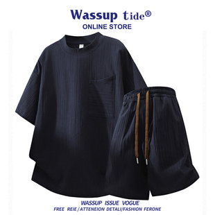 WASSUP TIDE休闲套装男夏季2026新款复古圆领短袖t恤短裤两件套潮