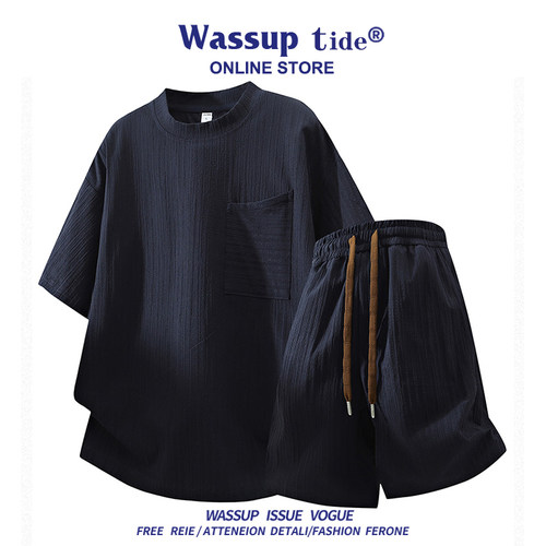 WASSUP TIDE休闲套装男夏季2026新款复古圆领短袖t恤短裤两件套潮