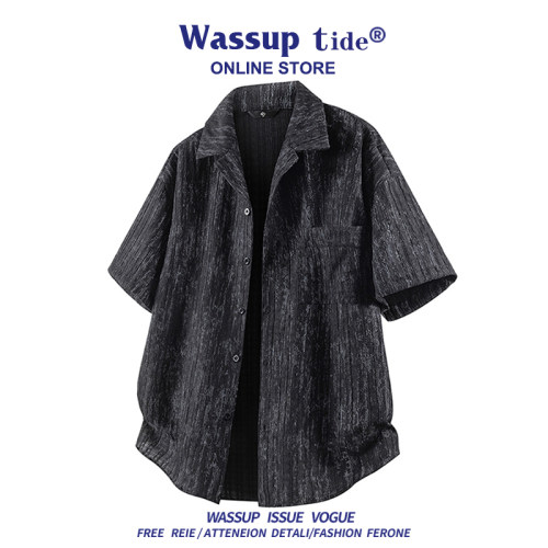 WASSUP TIDE夏季街头工装风衬衫男潮大口袋扎染宽松休闲短袖上衣