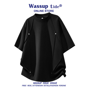WASSUP TIDE新款立体压褶铆钉上衣透气凉感舒适宽松休闲男短袖T恤