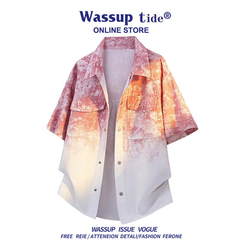WASSUP TIDE夏季高品质扎染渐变短袖港风潮牌立领男休闲时尚衬衫图片