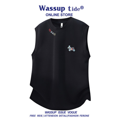 WASSUP TIDE夏季新款无袖小马刺绣背心短袖多巴胺潮流时尚宽松男