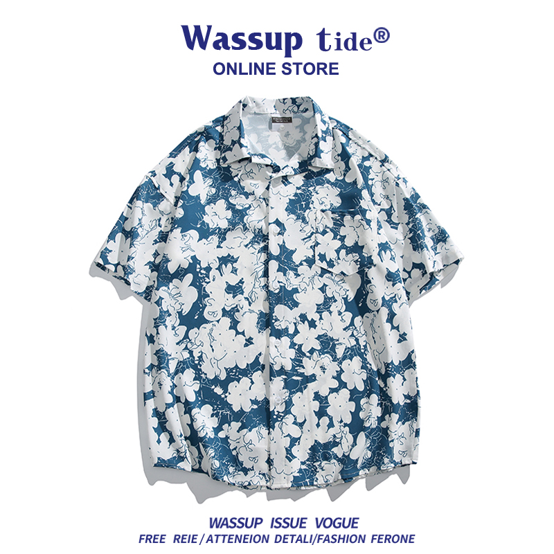 WASSUPTIDE美式花衬衫男士2025新款夏季薄款冰丝短袖碎花纹上衣服