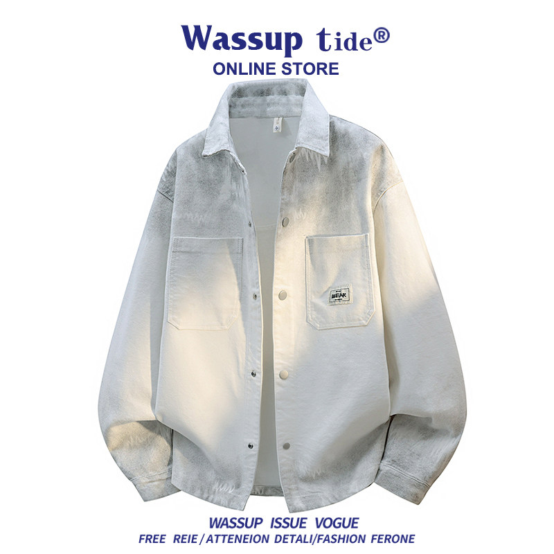 WASSUP TIDE潮牌灰白渐变扎染夹克宽松百搭贴标牛仔衬衣外套上衣