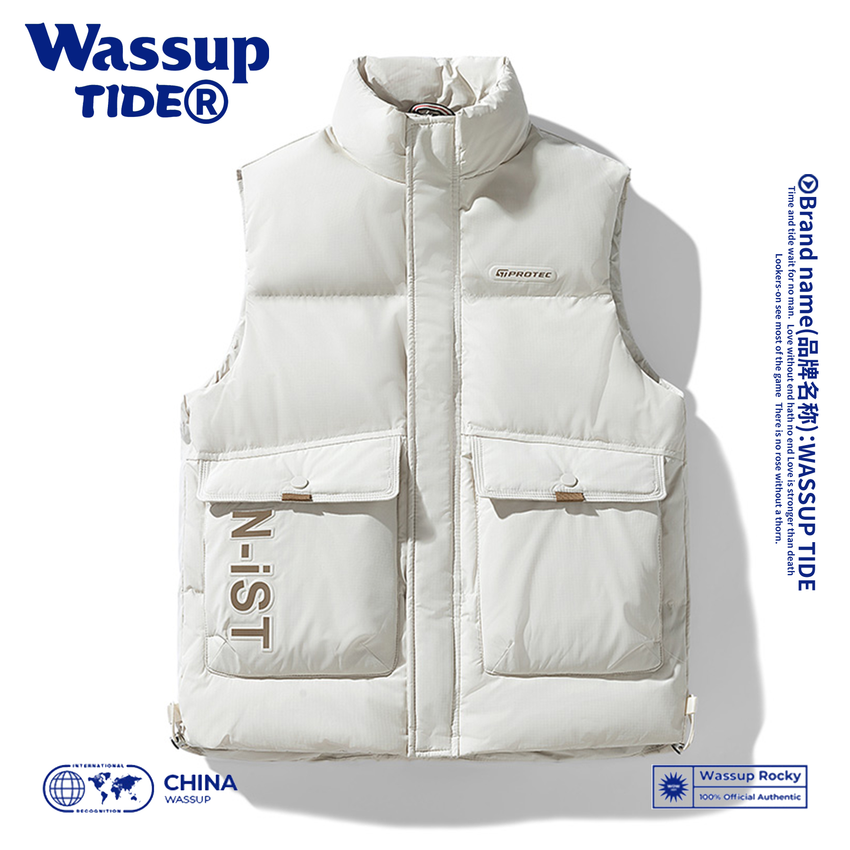 WASSUP TIDE羽绒服男大朵白鸭绒百搭马甲休闲秋冬保暖外套情侣女