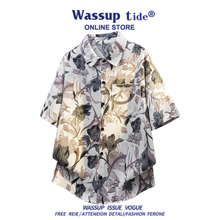 WASSUP TIDE复古水墨印花短袖衬衫春夏潮牌宽松百搭情侣半袖衬衣