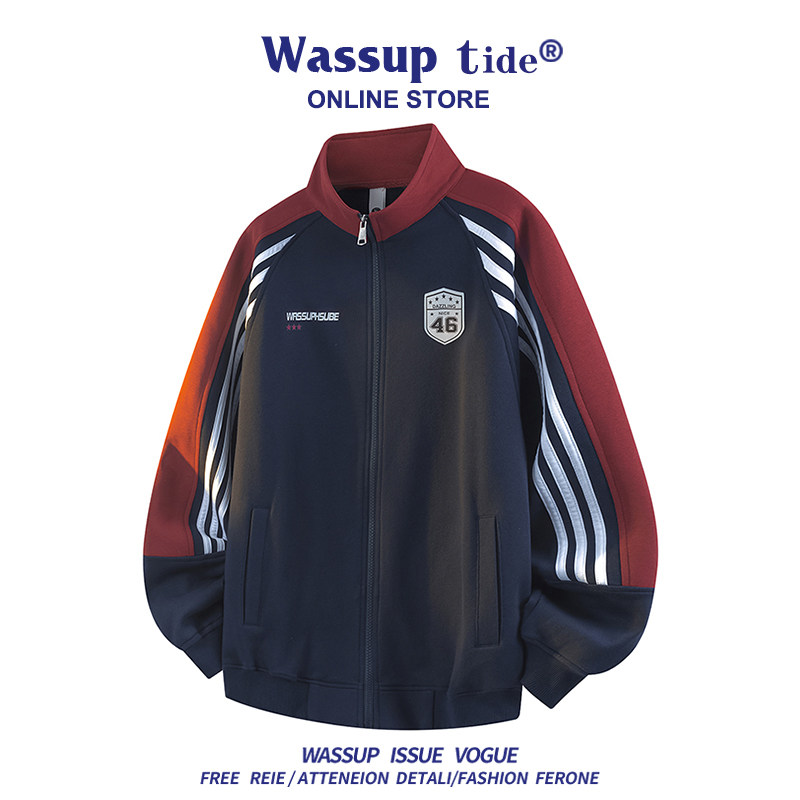 WASSUP TIDE立领撞色拼接运动外套男春秋复古球衣风宽松情侣夹克