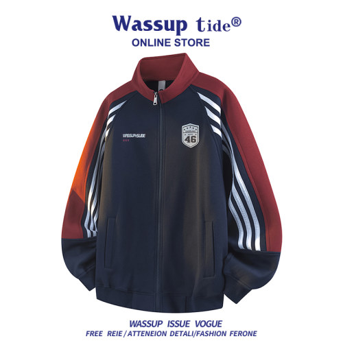 WASSUP TIDE立领撞色拼接运动外套男春秋复古球衣风宽松情侣夹克