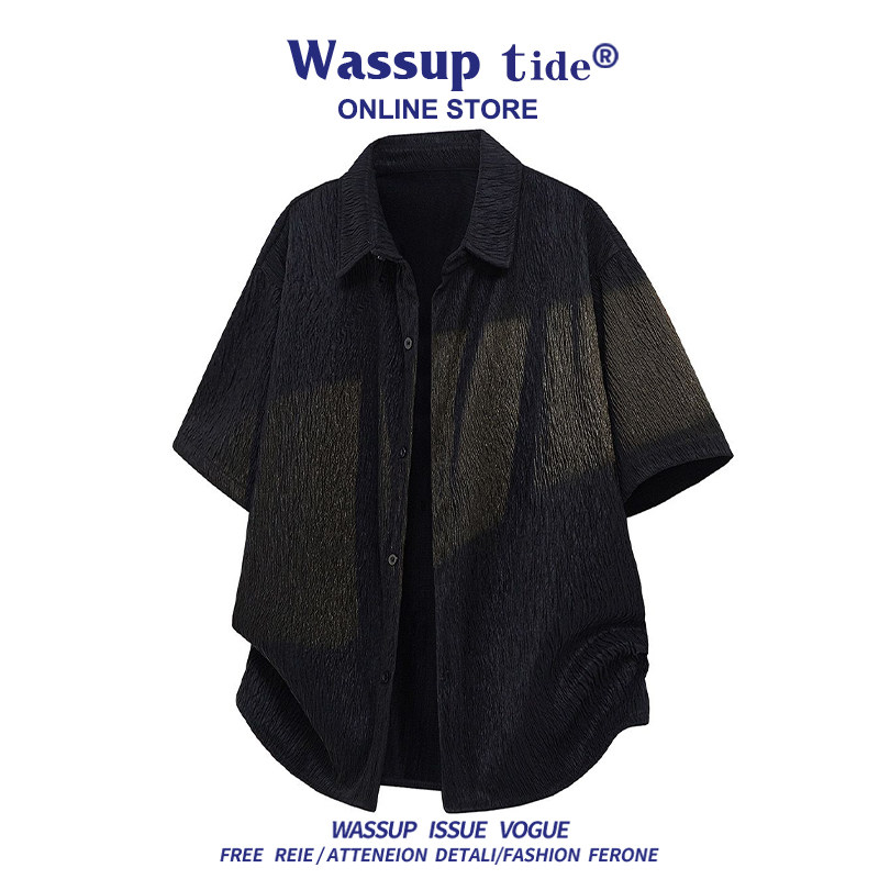 WASSUP TIDE新款夏七分袖戗驳领衬衫大码冰丝速干短袖男百搭时尚