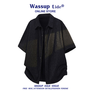 WASSUP TIDE新款夏七分袖戗驳领衬衫大码冰丝速干短袖男百搭时尚