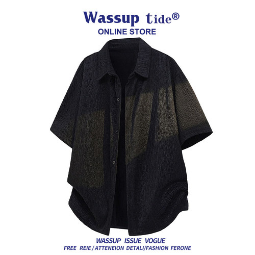 WASSUP TIDE新款夏七分袖戗驳领衬衫大码冰丝速干短袖男百搭时尚