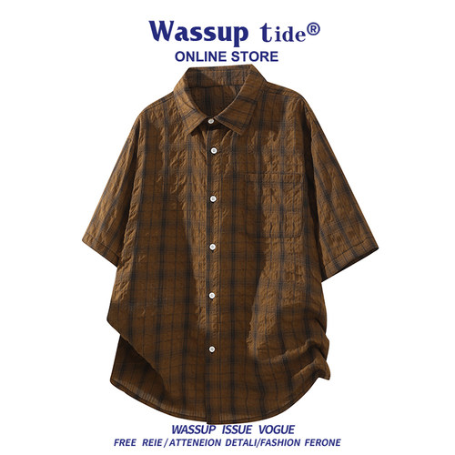 WASSUP TIDE夏季格子衬衫短袖简约百搭时尚宽松上衣男休闲复古T恤