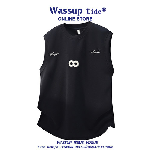 WASSUP TIDE夏季新款无袖背心短袖刺绣字母帅气百搭华棉上衣男潮