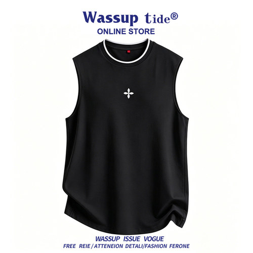 WASSUP TIDE夏季时尚爆款美式十字架潮牌印花背心男女情侣宽松帅