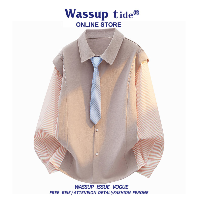 WASSUP TIDE春秋季宽松卫衣微皱感百搭假两件拼接竖条纹男女情侣