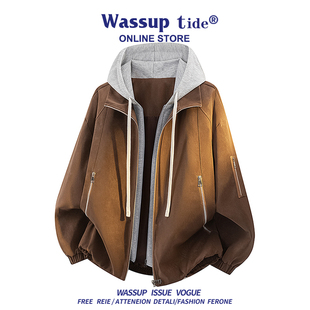 WASSUP TIDE秋冬新款夹克假两件连帽卫衣拼色宽松大码外套潮男款