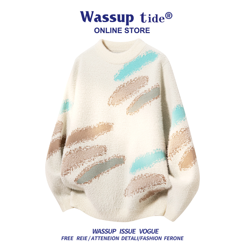WASSUP TIDE2025新款情侣装男女款潮牌水貂绒毛衣设计感圆领时尚