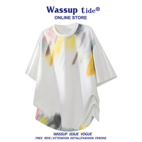 WASSUP TIDE夏季水彩扎染短袖T恤男宽松休闲潮牌艺术感渐变上衣服