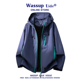 情侣连帽外套 夹克秋冬潮冲锋衣宽松休闲上衣时尚 WASSUP TIDE男士