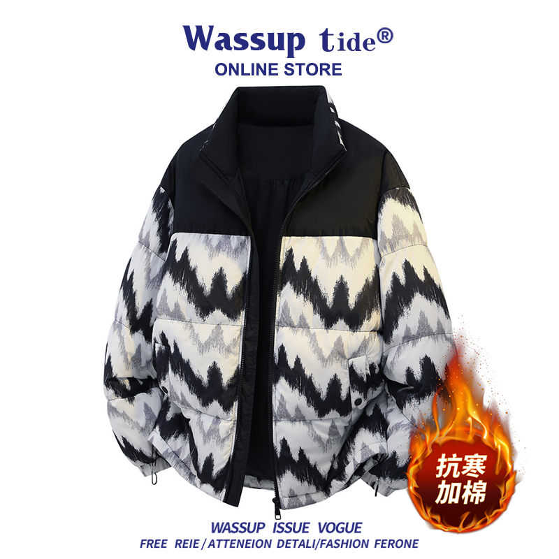 WASSUP TIDE棉服男冬季防风加绒加厚棉衣情侣款加厚50D皮感立领潮