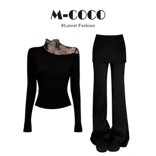 parkyeon巨好看的纯欲蕾丝拼接黑色长袖T恤黑色假两件裤子套装