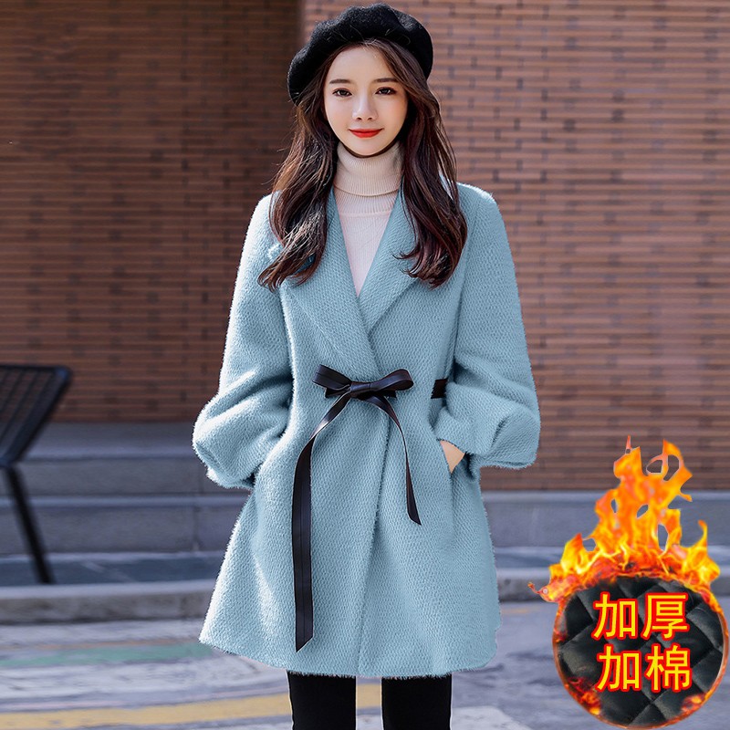 仿水貂绒大衣女中长款2020秋冬季新款韩版修身系带仿貂绒毛呢外套