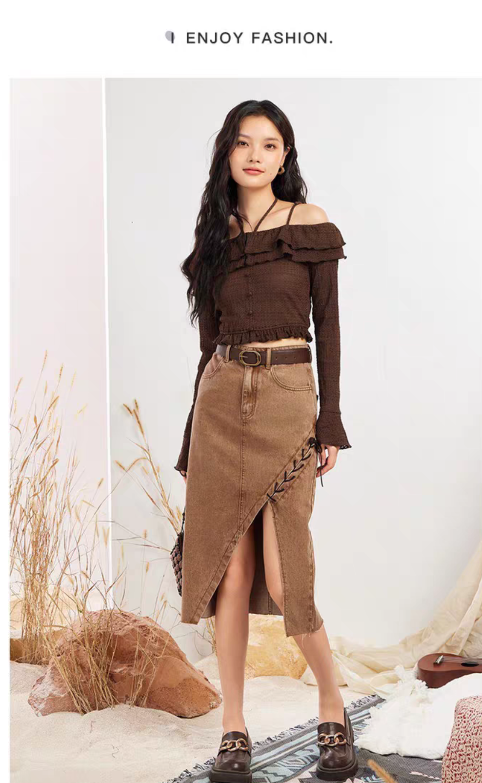 爱衣服季新款游牧吊带荷叶边一字领上衣抢购一天限抢限时抢