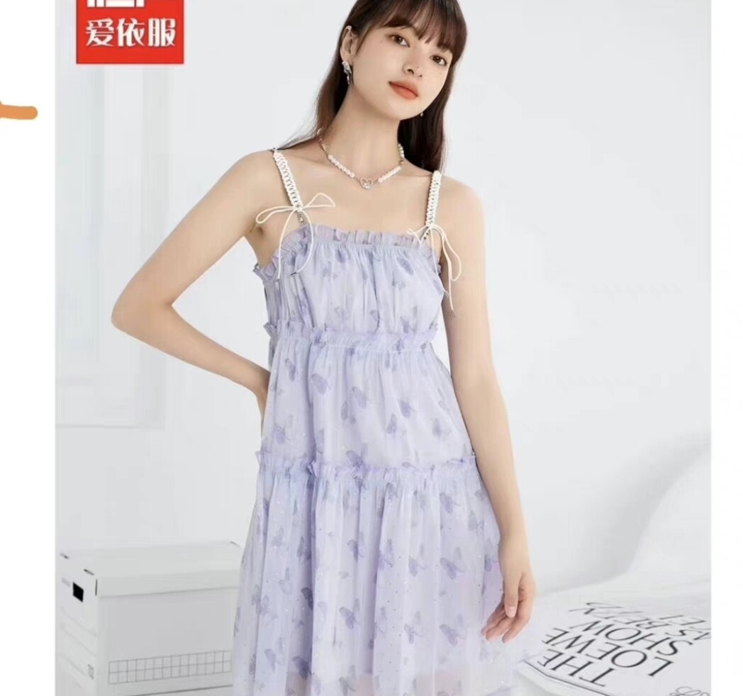 裙连衣爱衣服连衣裙年新款法式梦幻蝴蝶结印花仙女风吊带裙连衣裙