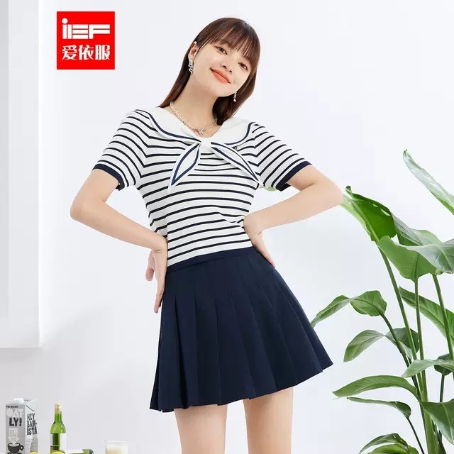 爱衣服学院风减龄套装裙修身显废新款娃娃领针织衫百褶裙限时抢