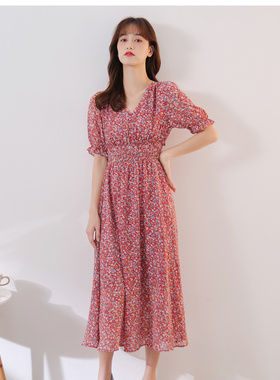 爱衣服连衣裙女女高腰秋季新款复古气质碎花五分袖A字裙 B851-5