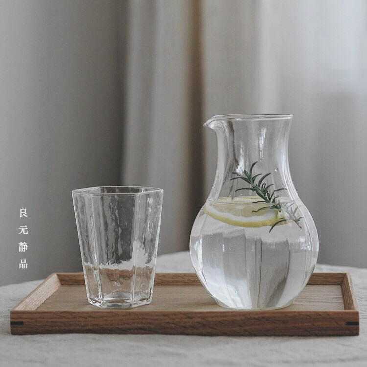 日式透明水波纹玻璃六角水杯 果汁奶茶冷饮杯 条棱凉水壶 插花瓶
