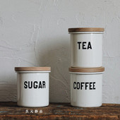 日式 调味瓶糖缸咖啡罐茶叶筒 北欧风白色搪瓷原木盖圆柱形密封罐