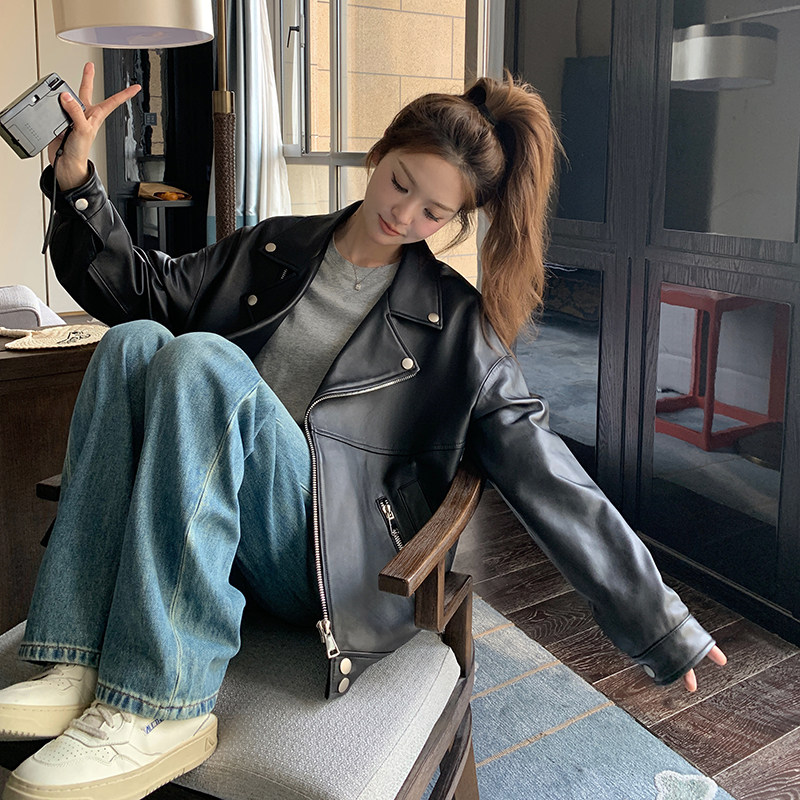 美式复古黑色短款皮衣外套女春秋2025新款又a又飒超好看机车夹克,女装皮衣,浙宝089