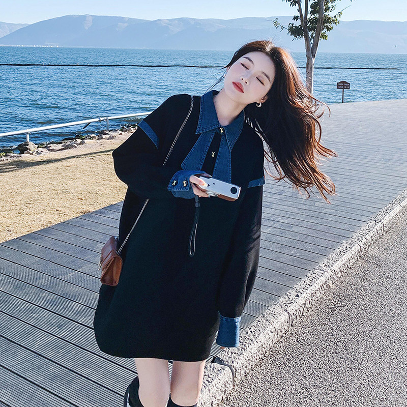孕妇早春牛仔拼接连衣裙春装大码宽松时尚辣妈小个子长袖卫衣裙子,女装连衣裙,浙宝089