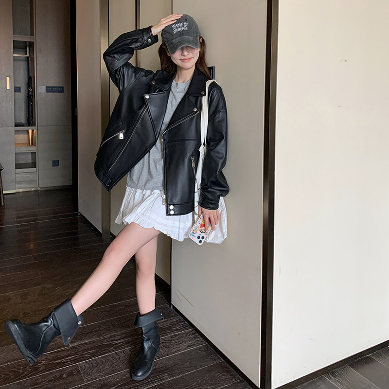 美式复古黑色短款皮衣外套女春秋2025新款又a又飒超好看机车夹克,女装皮衣,浙宝089