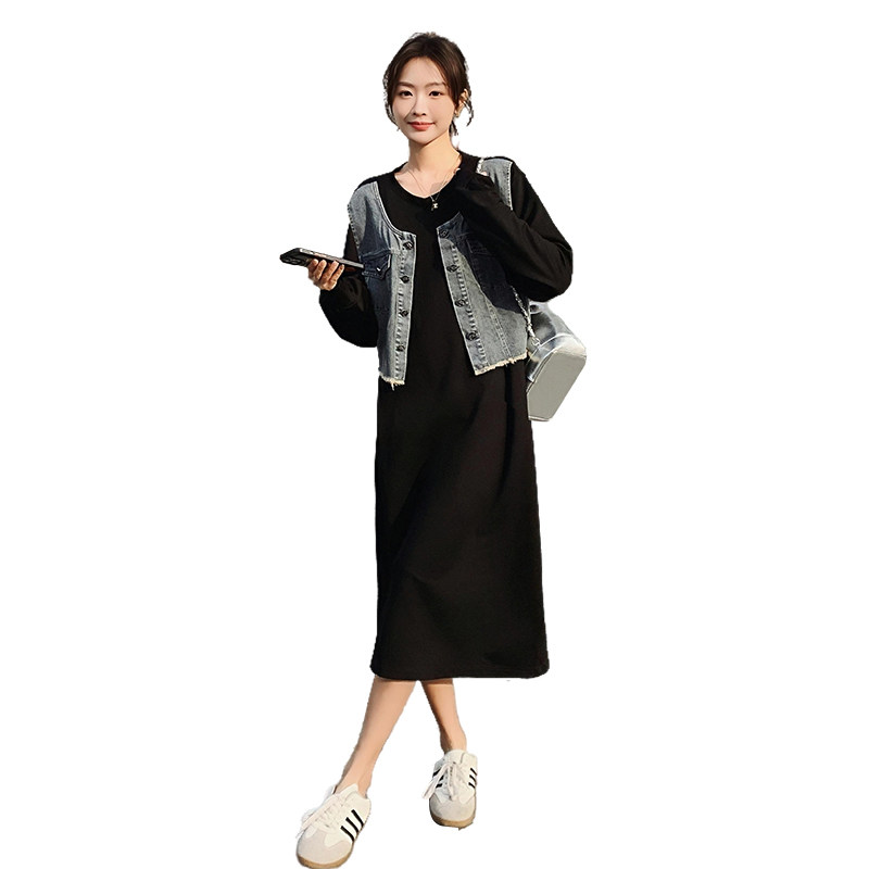 牛仔假两件拼接连衣裙女早秋2025新款韩系宽松显瘦休闲长袖卫衣裙,女装连衣裙,浙宝089