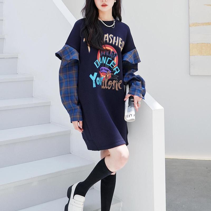 欧美格子拼接连衣裙女2025新款春秋宽松设计感小众解构分割卫衣裙，女装卫衣/绒衫，浙宝089