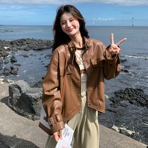 港风酷飒PU皮衣外套女2025春季新款高级感复古时尚小个子机车夹克图片