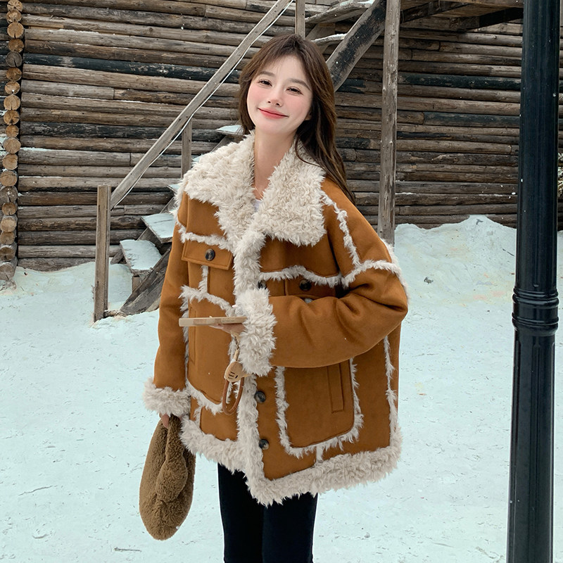 皮毛一体拼接羊羔毛外套女冬2025新款韩版宽松加绒加厚羊羔绒棉服,女装短外套,浙宝089